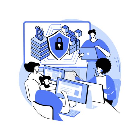 Téléchargez les illustrations : Blockchain cybersecurity isolated cartoon vector illustrations. Group of data center specialists discussing blockchain system safety, IT technology, computing industry vector cartoon. - en licence libre de droit