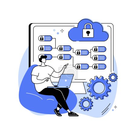 Téléchargez les illustrations : Cloud security isolated cartoon vector illustrations. Cybersecurity datacenter worker deals with threat Intelligence, cloud technology, global business, computing industry vector cartoon. - en licence libre de droit