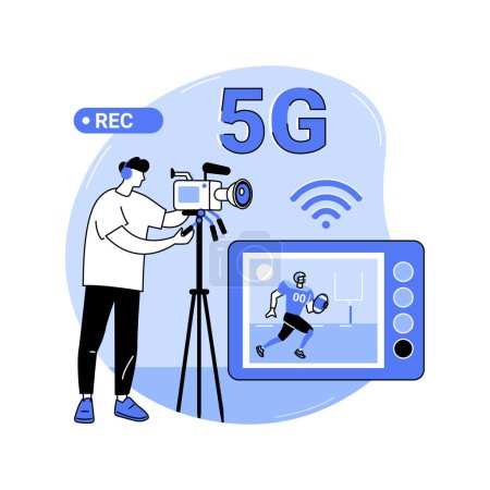 Téléchargez les illustrations : 5G sports broadcasting isolated cartoon vector illustrations. Broadcasting a sporting event with 5G technology, video show football match competition, wireless connectivity vector cartoon. - en licence libre de droit