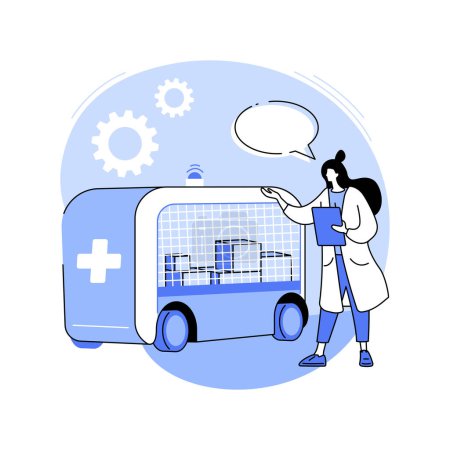 Illustration for Robotic lifting machines isolated cartoon vector illustrations. Clinic worker with robotics equipment to deliver supplies in hospitals, modern technology, healthcare innovation vector cartoon. - Royalty Free Image