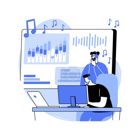 Illustration for Music production software isolated cartoon vector illustrations. Professional audio engineers work with sound editing, music production process, modern IT technology vector cartoon. - Royalty Free Image