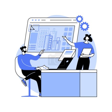Illustration for Architecture software isolated cartoon vector illustrations. Group of engineers working with professional architecture software, modern IT technology, constructions on the screen vector cartoon. - Royalty Free Image