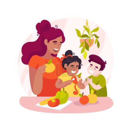 Téléchargez les illustrations : Peeling fruit with a knife isolated cartoon vector illustration. Child learns to use knife, peeling fruit, primary cooking class, self-care, preschool skill, kindergarten vector cartoon. - en licence libre de droit