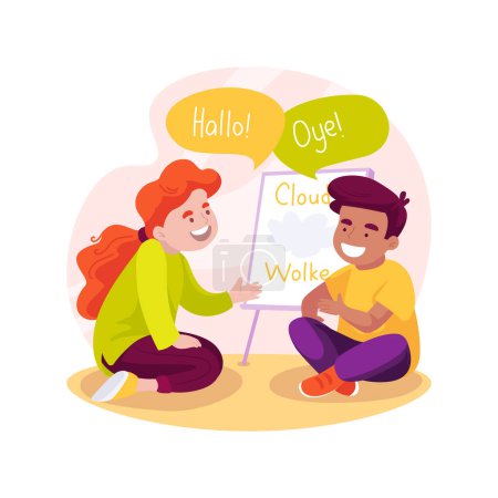 Illustration for Say hello in foreign language isolated cartoon vector illustration. Children say hello, bilingual daycare center, immersion language program for kids, learning foreign language vector cartoon. - Royalty Free Image
