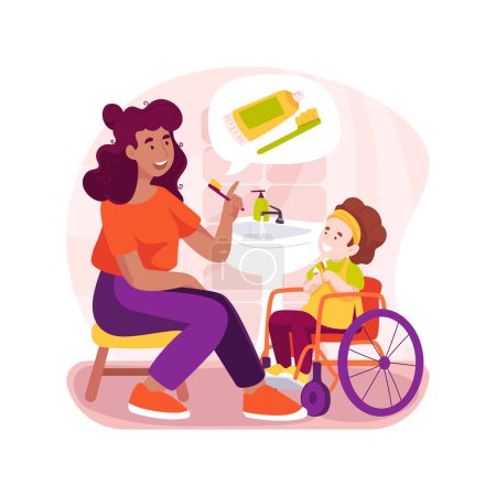 Téléchargez les illustrations : Hygiene and grooming isolated cartoon vector illustration. Teach personal hygiene to children with disability, self-care for disabled kids, grooming skills, inclusive child care vector cartoon. - en licence libre de droit