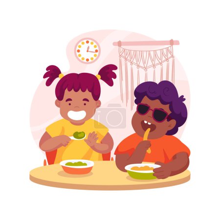Téléchargez les illustrations : Independent eating skills isolated cartoon vector illustration. Daycare center for kids with disabilities, teach self-feeding, disabled child learn independent eating, education vector cartoon. - en licence libre de droit