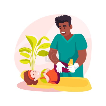 Téléchargez les illustrations : Massage isolated cartoon vector illustration. Therapy for children with disorder, rehabilitation program, massage for kids with disability, inclusive daycare center vector cartoon. - en licence libre de droit