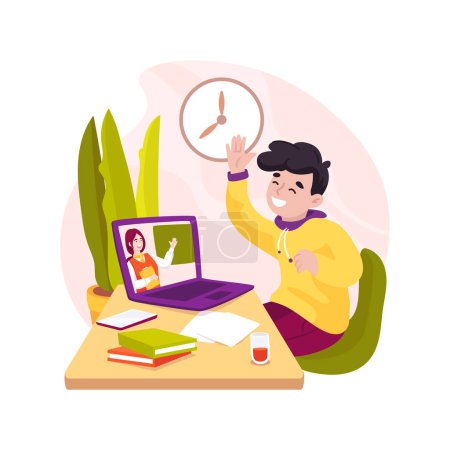 Téléchargez les illustrations : Web conferencing isolated cartoon vector illustration. Remote teaching tool, virtual classroom, web conferencing software, tutor and student say hello online, video call live vector cartoon. - en licence libre de droit