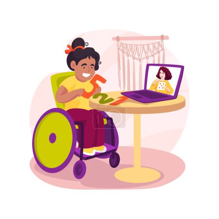 Illustration for Online tutoring for disabled students isolated cartoon vector illustration. Online tutoring for children with disability, student in wheelchair, video conference with a teacher vector cartoon. - Royalty Free Image