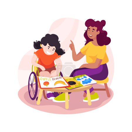 Ilustración de In-home tutoring isolated cartoon vector illustration. Students with special needs tutor, home tutoring for disabled, child in a wheelchair learning with teacher at the desk vector cartoon. - Imagen libre de derechos