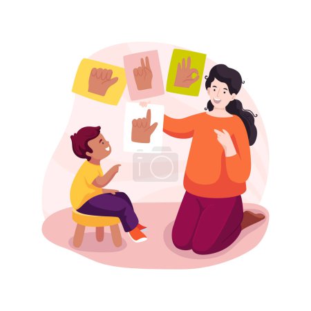 Téléchargez les illustrations : Sign language tutor isolated cartoon vector illustration. Hearing impaired students tutoring, deafness, speaking american sign language, home education, one-on-one attention vector cartoon. - en licence libre de droit