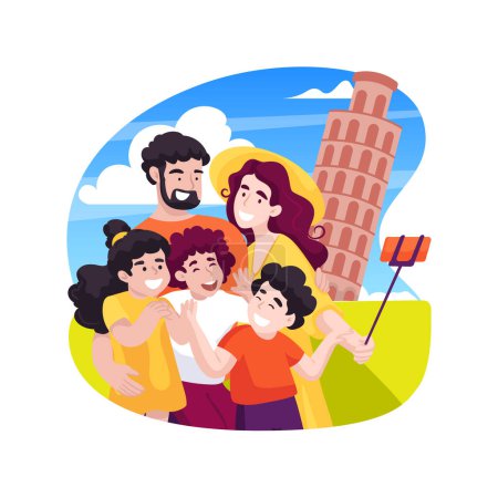 Illustration for Field trips to local attractions isolated cartoon vector illustration. Field trip, homeschooling activity, adult and three children in front of a monument, historical attraction vector cartoon. - Royalty Free Image