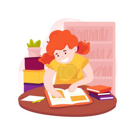Illustration for School library isolated cartoon vector illustration. Child sitting and reading in a library, doing homework, self-education, independent study time, private school facility vector cartoon. - Royalty Free Image