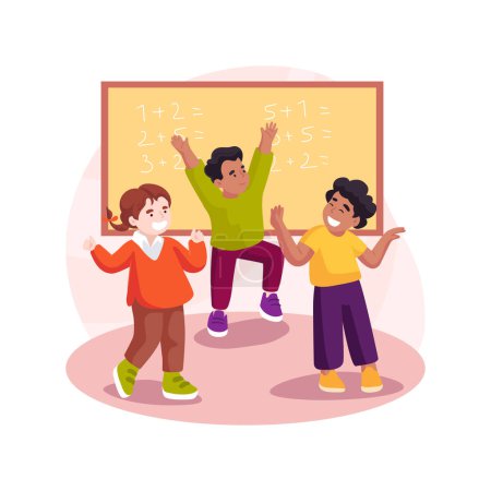 Illustration for Classroom warmup isolated cartoon vector illustration. Physical exercise in classroom, children make exercise in a circle, hands up, holistic curriculum, waldorf main lesson vector cartoon. - Royalty Free Image