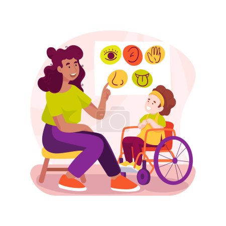 Illustration for Support from specialized professional isolated cartoon vector illustration. Woman talks to child sitting in wheelchair, education specialist support, private special school vector cartoon. - Royalty Free Image