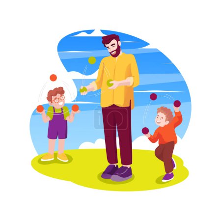 Illustration for Learn to juggle isolated cartoon vector illustration. Kid learning juggling technique, father teaching child to juggle, family leisure time, throwing up colorful balls, playing vector cartoon. - Royalty Free Image