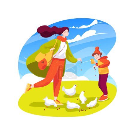 Ilustración de Alimentación de aves ilustración vectorial de dibujos animados aislados. Familia alimentar a las aves en el parque, tirando migajas, cisne nadando en un lago, estilo de vida, tiempo libre familiar, la actividad al aire libre vector de dibujos animados. - Imagen libre de derechos