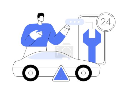 Illustration for Roadside assistance abstract concept vector illustration. Roadside car repair, 24 hour assistance, towing service, change flat tire, all vehicles emergency, truck breakdown help abstract metaphor. - Royalty Free Image