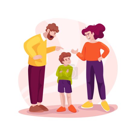 Illustration for Family fight isolated cartoon vector illustration. Mother and father disciplining a child, family conflict, fighting in a living room, parents shouting at a child, misbehaving vector cartoon. - Royalty Free Image