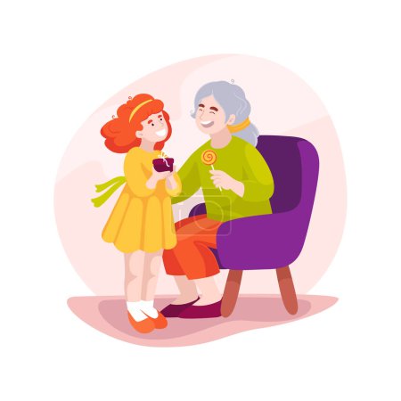 Illustration for Family presents isolated cartoon vector illustration. Grandma giving sweets to a child, casual family visit, sharing small presents, spending weekend together, loving relation vector cartoon. - Royalty Free Image