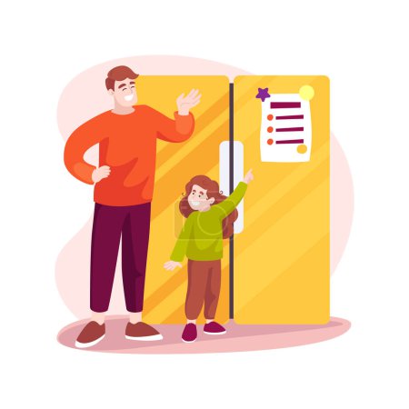 Téléchargez les illustrations : Rules checklist isolated cartoon vector illustration. Household rules for kids, checklist hanging on the fridge, child reading pointing finger, family members relationship vector cartoon. - en licence libre de droit