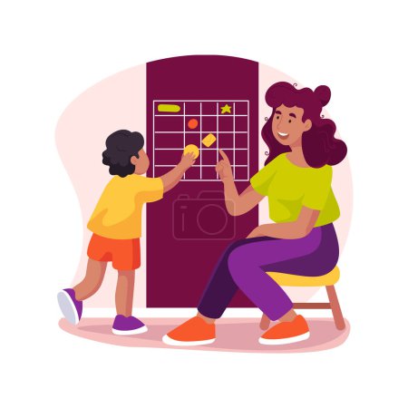 Téléchargez les illustrations : Responsibility chart isolated cartoon vector illustration. Kid standing near blackboard on the wall, chart with pictures, to-do list, tasks for days of the week, responsibility vector cartoon. - en licence libre de droit