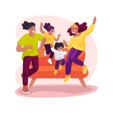 Illustration for Family fun isolated cartoon vector illustration. Family having fun at home, children jumping on the sofa in the living room, happy moment, spending leisure time together indoor vector cartoon. - Royalty Free Image