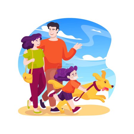 Ilustración de Walking a dog isolated cartoon vector illustration. Kid and parent walking a dog on a leash, walking outside together, caring for a pet, family daily routine, domestic animal vector cartoon. - Imagen libre de derechos