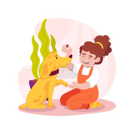 Téléchargez les illustrations : Playing with a dog isolated cartoon vector illustration. Child training puppy, dog sitting and giving paw, receiving tasty reward, kid and dog playing together, execute command vector cartoon. - en licence libre de droit
