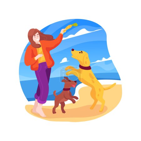 Ilustración de Happy dogs isolated cartoon vector illustration. Dogs running free on a seashore, playing off-leash together at the beach, pets recreation, facility, happy family, weekend vector cartoon. - Imagen libre de derechos