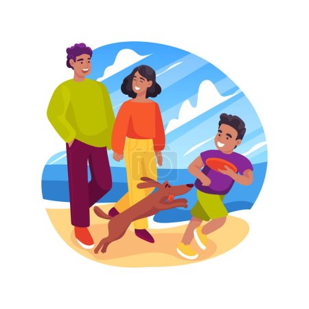 Téléchargez les illustrations : Off-leash playing isolated cartoon vector illustration. Kid throwing a frisbee to a dog, catching flying toy, running off-leash, family walking with pet at the beach, having fun vector cartoon. - en licence libre de droit