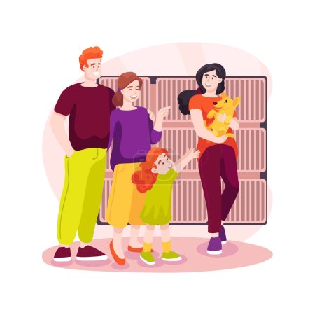 Illustrazione per Taking an animal from a shelter isolated cartoon vector illustration. Family choosing a puppy in a dog shelter, volunteer holding a puppy, showing to a child, adopting a pet vector cartoon. - Immagini Royalty Free