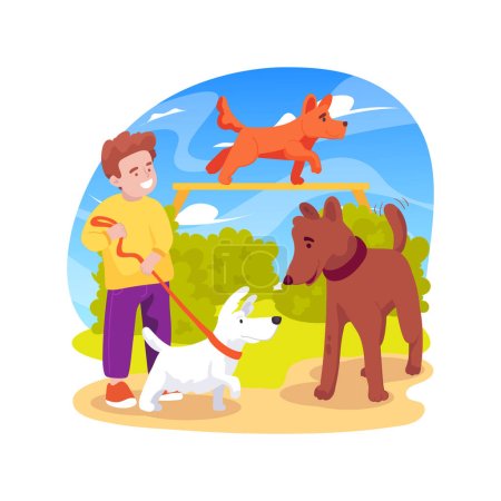 Illustration for Dog park isolated cartoon vector illustration. Family with pet in a park, happy dogs play together, agility training equipment, animal playground, child leads a puppy on a leash vector cartoon. - Royalty Free Image