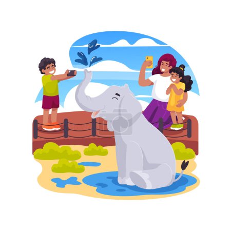Téléchargez les illustrations : Taking photo of an elephant isolated cartoon vector illustration. Wildlife encounter for kids, family visiting zoo, child takes photo of an animal, elephant playing with water vector cartoon. - en licence libre de droit