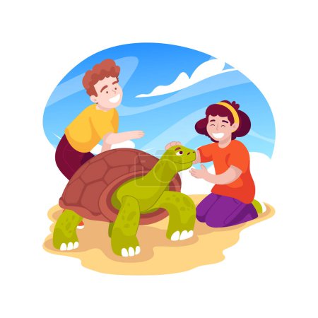 Illustration for Kids touching a turtle isolated cartoon vector illustration. Zoo adventure, having contact with animal, kids standing around big turtle, touching shell, wildlife experience vector cartoon. - Royalty Free Image