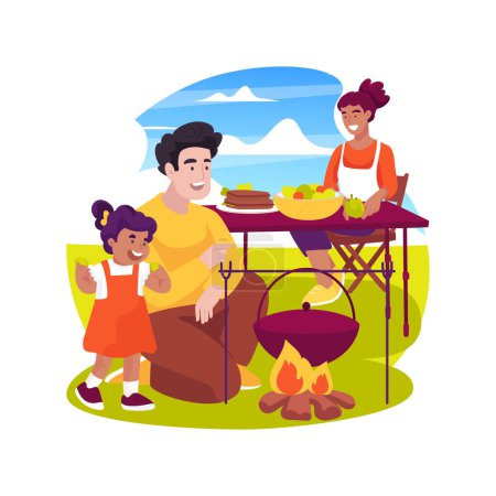 Illustration for Camp-style cooking isolated cartoon vector illustration. Cooking healthy food on campfire, family camp kitchen, pot boiling on open fire, slicing vegetables, mixing in boiler vector cartoon. - Royalty Free Image