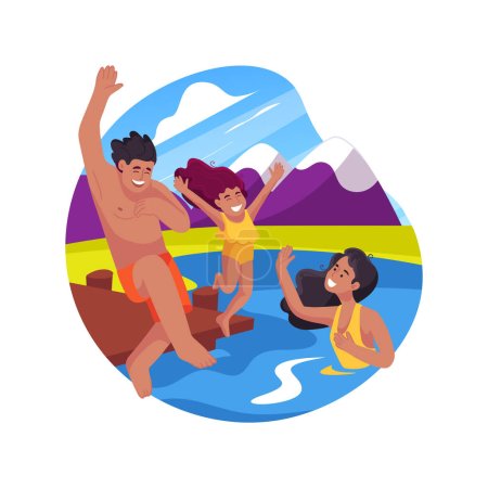 Illustration for Swimming in a lake isolated cartoon vector illustration. Family on holiday, colorful swimming suits, parents and kids jumping in the water from a pier, lake in the mountains vector cartoon. - Royalty Free Image