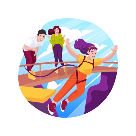 Illustration for Bungee jumping isolated cartoon vector illustration. Parents and kids wearing equipment, bungee jumping at lake, family extreme activity, young teen flying on rope from bridge vector cartoon. - Royalty Free Image