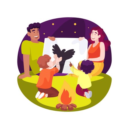 Illustration for Shadow puppets isolated cartoon vector illustration. Shadow theater near campfire, children showing animals with hands, outdoor activity, family sitting around fire at night vector cartoon. - Royalty Free Image