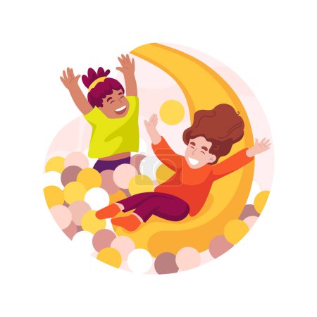 Ilustración de Ball pit isolated cartoon vector illustration. Child sliding in a ball pit, family leisure time, indoor home playground, entertainment for toddlers, kids playing in sensory pool vector cartoon. - Imagen libre de derechos