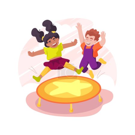 Téléchargez les illustrations : Trampoline isolated cartoon vector illustration. Indoor playground equipment, small trampoline in room, kids jumping up, family leisure time, children gymnastics, entertainment vector cartoon. - en licence libre de droit
