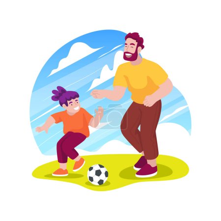 Téléchargez les illustrations : Football isolated cartoon vector illustration. Family leisure time outdoors, playing soccer on backyard, father and son play ball on a grass, sport yard game, fun football vector cartoon. - en licence libre de droit