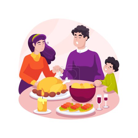 Illustration for Family prayer isolated cartoon vector illustration. Family dinner, parents and children sit at table, festive tradition, holding hands in prayer, thanksgiving meal, lifestyle vector cartoon. - Royalty Free Image