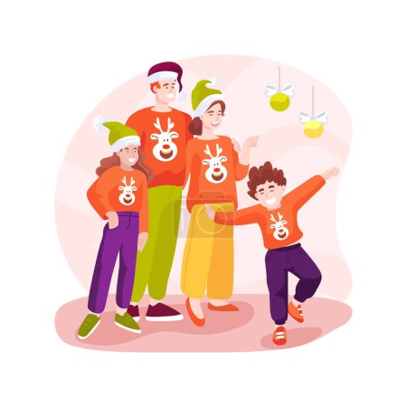 Illustration for Family sweater isolated cartoon vector illustration. Family wearing funny sweaters with similar design, winter holiday fun, celebrating Christmas together, parents and children vector cartoon. - Royalty Free Image