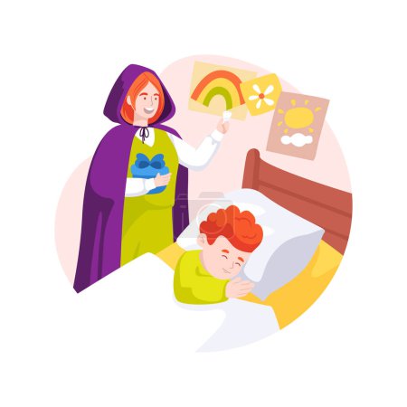 Ilustración de Tooth fairy isolated cartoon vector illustration. Tooth fairy visits a child during sleep, family tradition, nighttime, telling legend to children, loosing baby teeth, childhood vector cartoon. - Imagen libre de derechos
