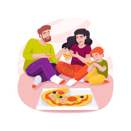 Yummy pizza isolated cartoon vector illustration. Family traditional cooking, prepare food at home, eating together, child holding yummy slice with stretchy cheese, pizza party vector cartoon.