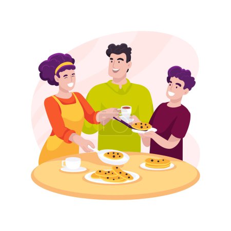Téléchargez les illustrations : Making breakfast isolated cartoon vector illustration. Kids eating in the morning, mom making tasty breakfast in the kitchen, family daily routine, adult going to work vector cartoon. - en licence libre de droit