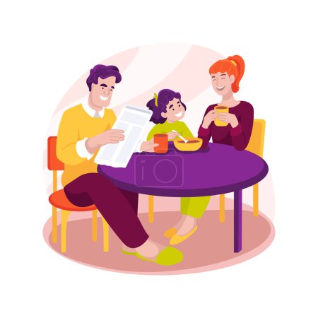 Illustration for Weekend breakfast isolated cartoon vector illustration. Family daily routine, father reading newspaper and drinking coffee, eating breakfast together, weekend relax with family vector cartoon. - Royalty Free Image