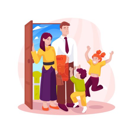 Illustration for Tired parents isolated cartoon vector illustration. Tired adults came home from work, happy and jumpy kids around, exhausted parents, family daily routine, sleepy people vector cartoon. - Royalty Free Image