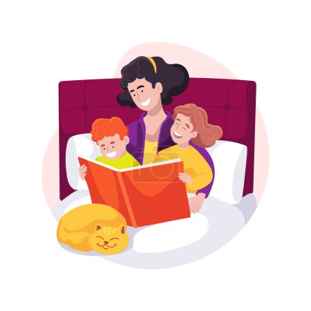 Ilustración de Listen to kids stories isolated cartoon vector illustration. Exhausted parents talking with kids after busy working day, adults and kids together, family daily routine vector cartoon. - Imagen libre de derechos